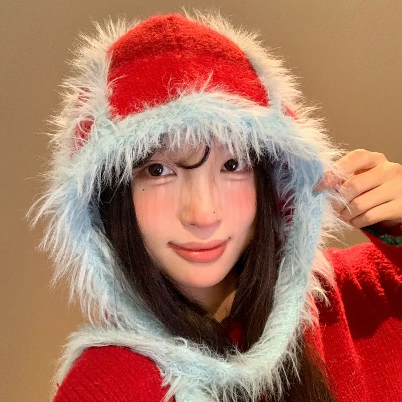 

Корейская версия Ins, плюшевая полосатая вязаная шапка-пуловер, женская осенне-зимняя защита ушей, теплые шапки-бомберы на шнуровке с большой головкой