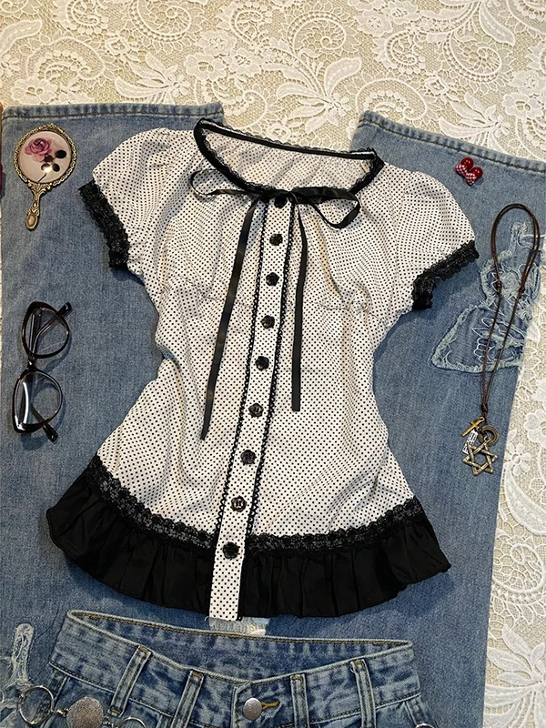 Оригинальный белый ор Све irt в горошек для женщин, винтажный летний топ из смеси хлопка Faion для поездок на работу, облегающий топ