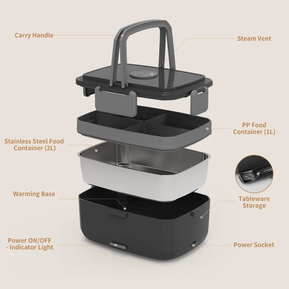 กล่องเบนโตะภาชนะใส่ผลไม้ทำจากสเตนเลส1L เครื่องทำอาหารกล่องข้าวกลางวันไฟฟ้าพร้อม2L