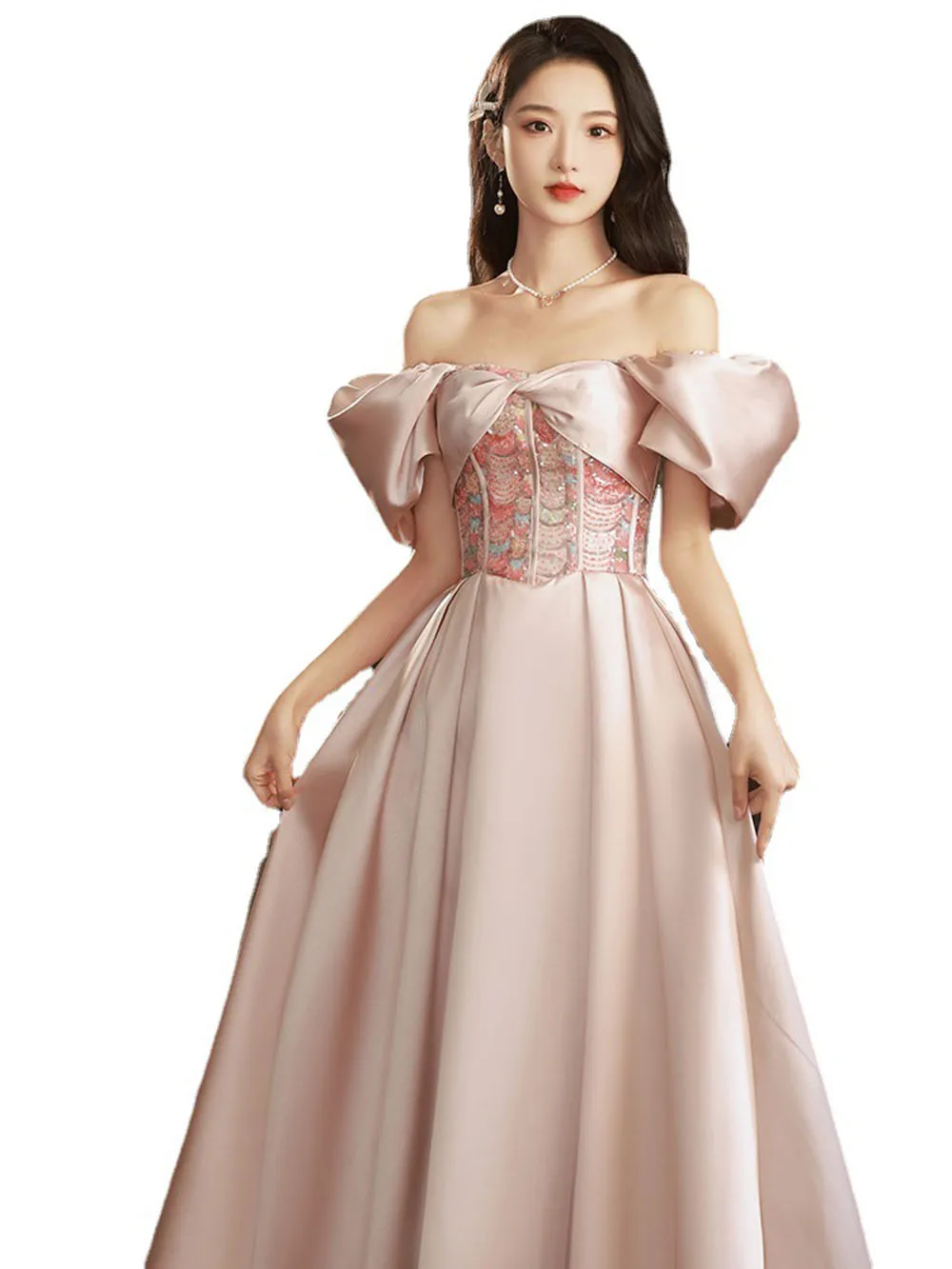 Robe de soirée en satin rose épissé pour femme, conception de ceinture de poisson Sophia, robe de Rhà paillettes, manches bouffantes initiées, longue robe