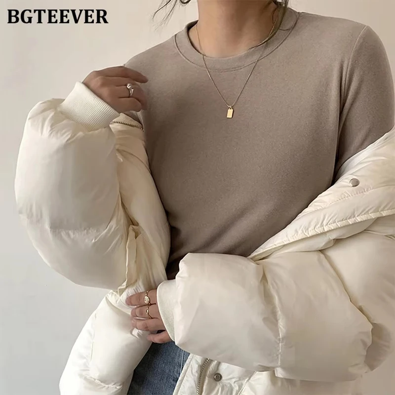 BGTEEVER Thick Full Sleeve Cotton Tee Shirt Women Slim Fit Autumn Winter Bottoming Pullovers Shirt Female Casual Basic Tops Goth