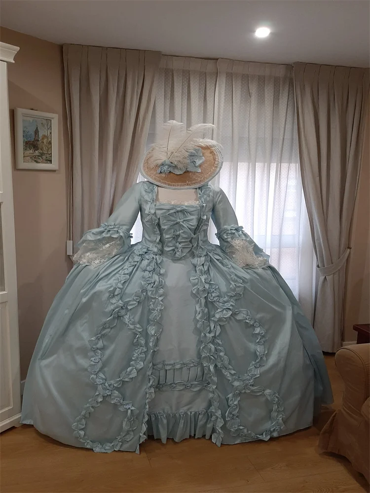 Fantasia vintage rococó azul do século 18, traje renascentista de baile, marie antoinette, vestido de baile barroco