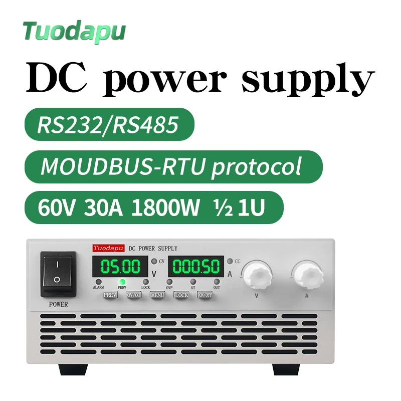 

High power DC adjustable regulated power supply with high current, high precision, and programmability