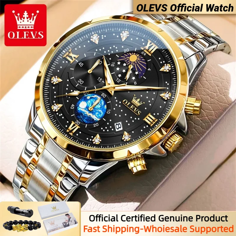 

OLEVS 9807 Men's Watches Starry Sky Dial Night light Stainless steel Strap Luminous Fashion Moon Phase Quartz Watch for Men