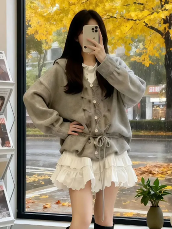 

ay V-ne Knitted Sweater Women's Loose Fit Hooded Open Cardigan Winter New Sle Design French Sle Soft Long Sve Top