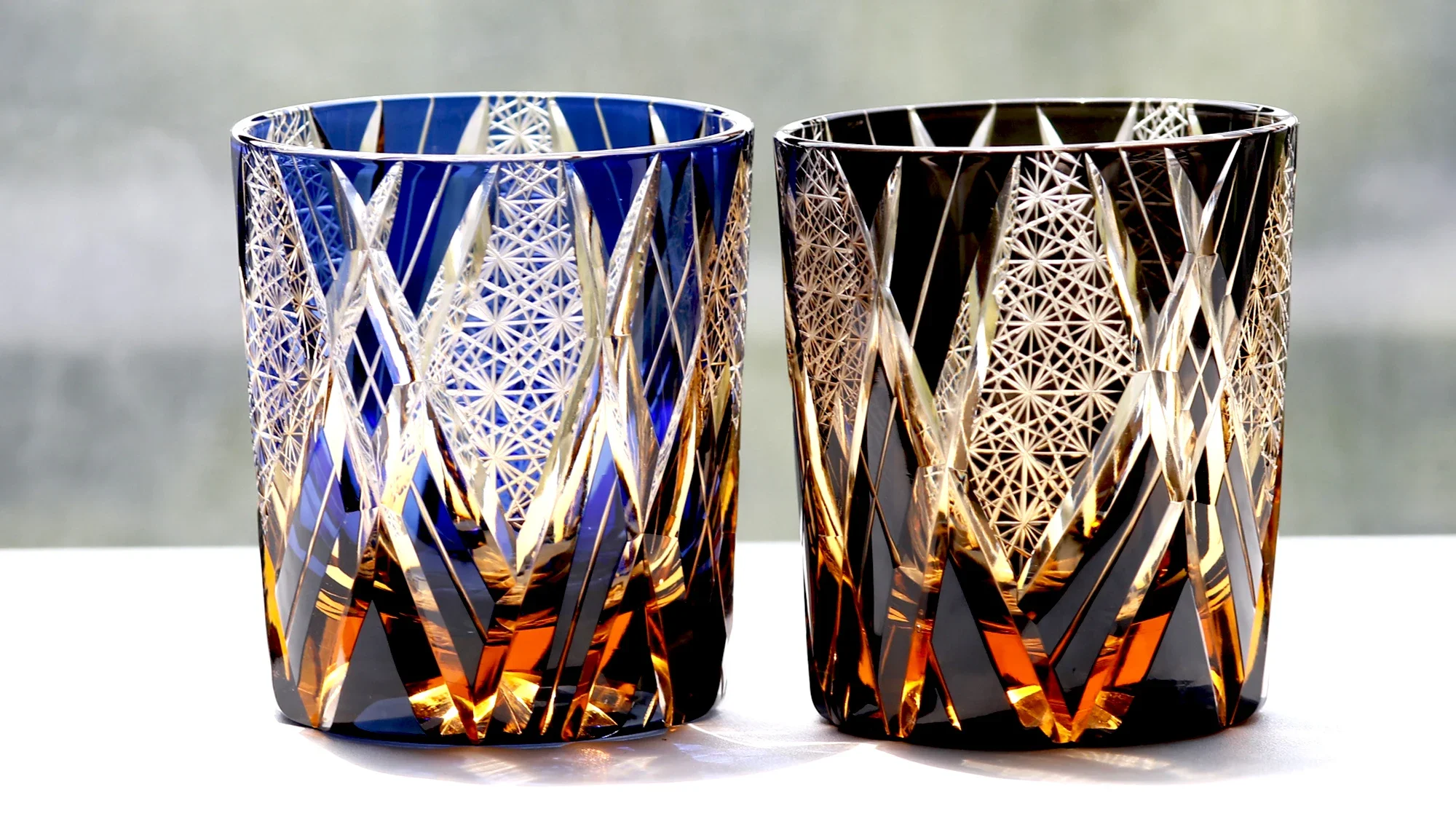 Japanese Edo Kiriko Hand Cut Overlay Colored Crystal Whiskey Glass Geometric Rhombus Star Engraved Old Fashioned Rocks Tumbler