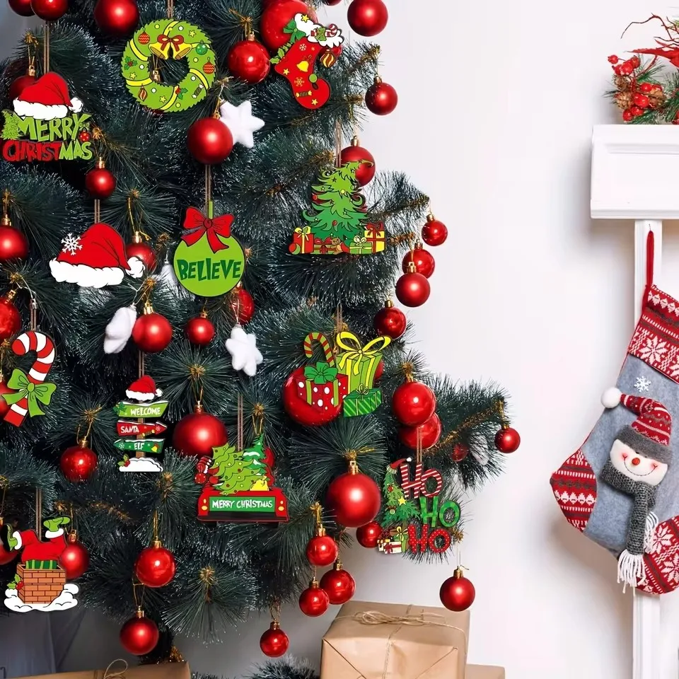 15 Stück Weihnachtsornamente in Limonengrün und Rot, Weihnachtsbaumdekorationen, Dekorative Feiertags-Ausschnitte, Hängende Weihnachtsdekoration für