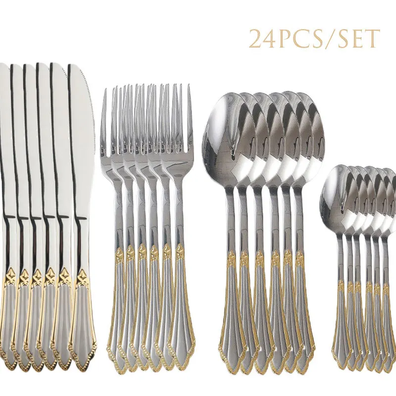 24Pcs/Set Dinnerware Flatware Set Luxury Cutlery Set Dinner Knife Fork Spoon Tableware Dining Dinner Set Western Food Restaurant