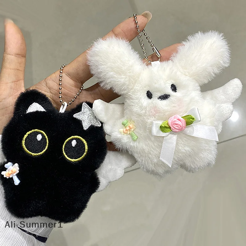 【E】Cute Angel Little Black Cat Little Milk Dog Plush Doll Pendant Backpack Hangings Decoration