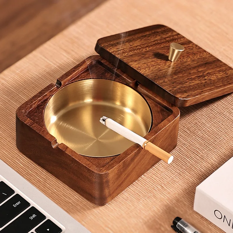 South American Walnut Ashtray Creative Home Office Solid Wood Round with Lid