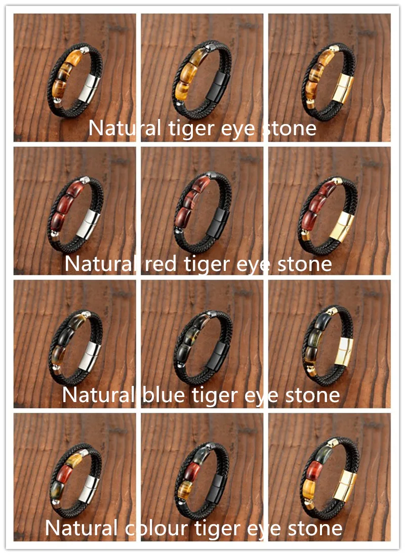 Moon Shape 100% Natural Tiger Eye Stone Vintage Jewelry Leather Rope Charm Bracelet 316L Stainless Steel Unisex Bracelet