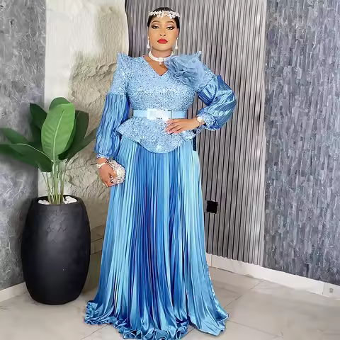 Africa Dress for Women for Evening Party Elegant African Long Sleeve V-neck Sequin Wedding Pleat Long Maxi Dress Christmas Gowns