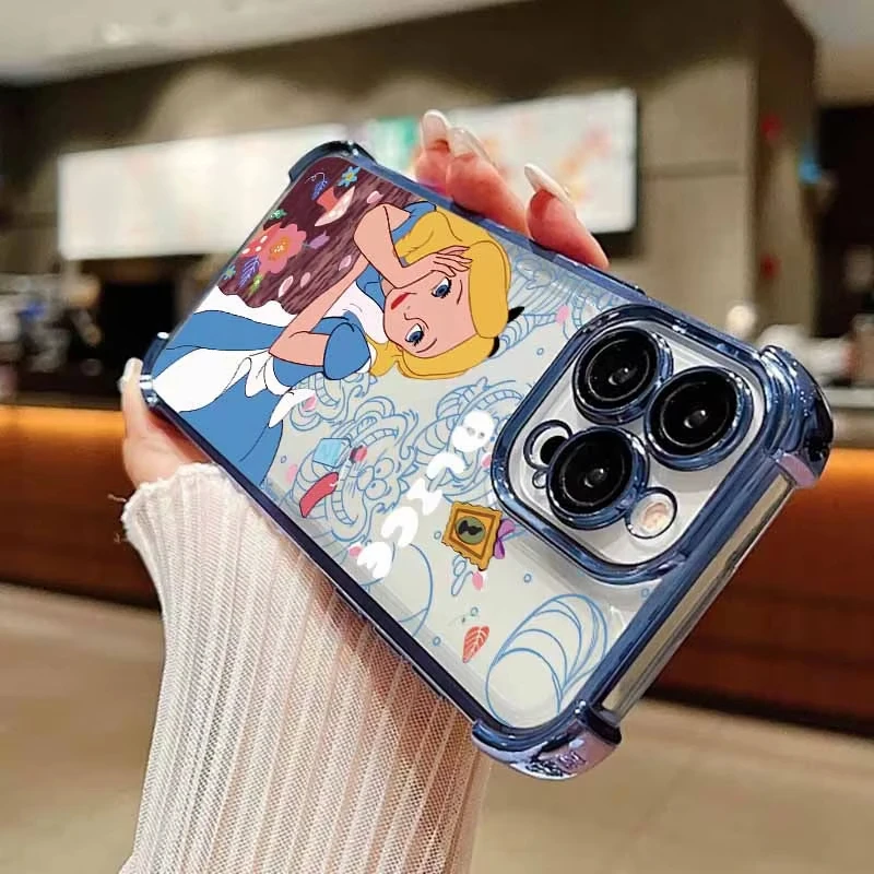 Alice In Wonderland Electroplated Four Corner Phone Case for iPhone 16 E 15 14 13 12 Mini 11 Pro Max XS Max X 7 Plus Hard Cover