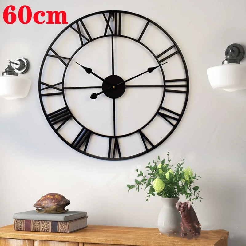 

60cm Modern 3D Large Retro Black Iron Round Art Hollow Metal Wall Clock Nordic Roman Numerals Clock Home Decoration