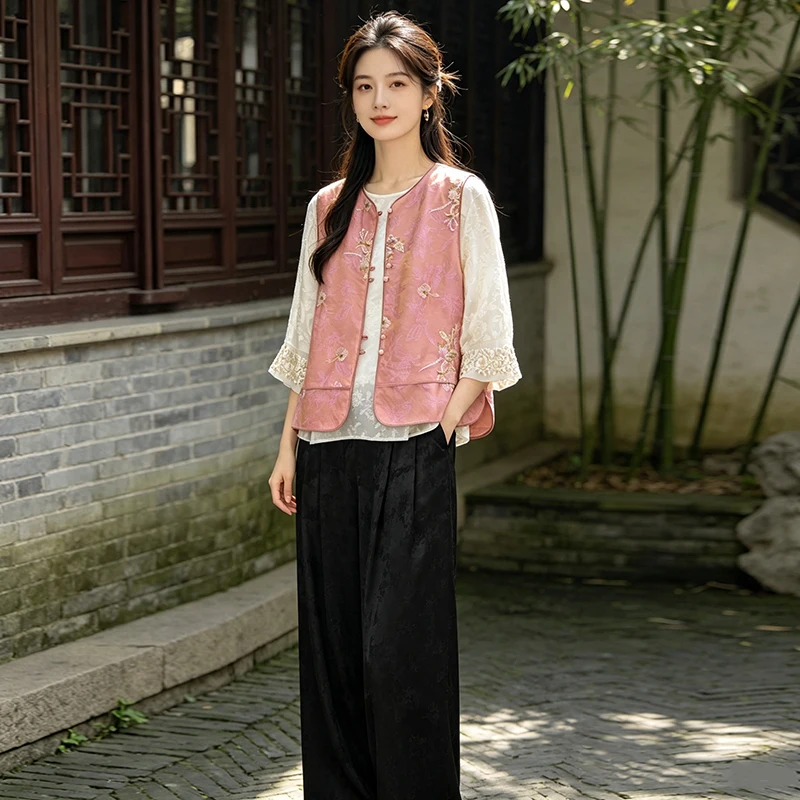 New Chinese Style Heavy Embroidery Open Cardigan Vest with Embossed round Neck Base Wide Leg Pants Set for Women