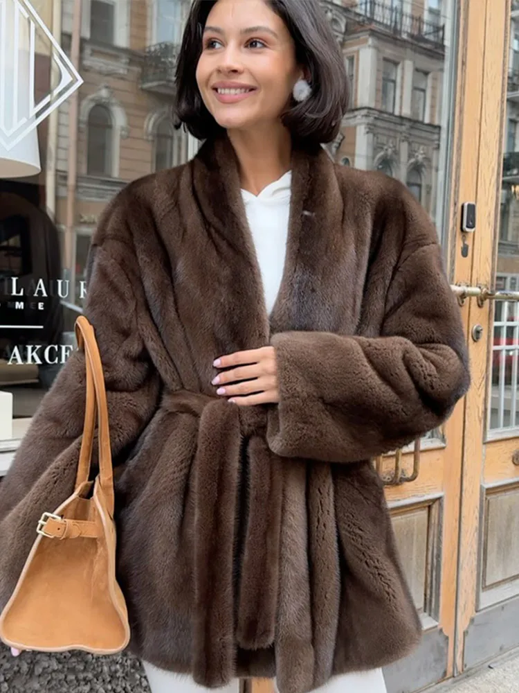 

Women Luxury Lace Up Faux Fur Jacket Elegant V-neck Long-sleeved Loose Warm Coat Lady Winter Daily Commute High Street Outerwear