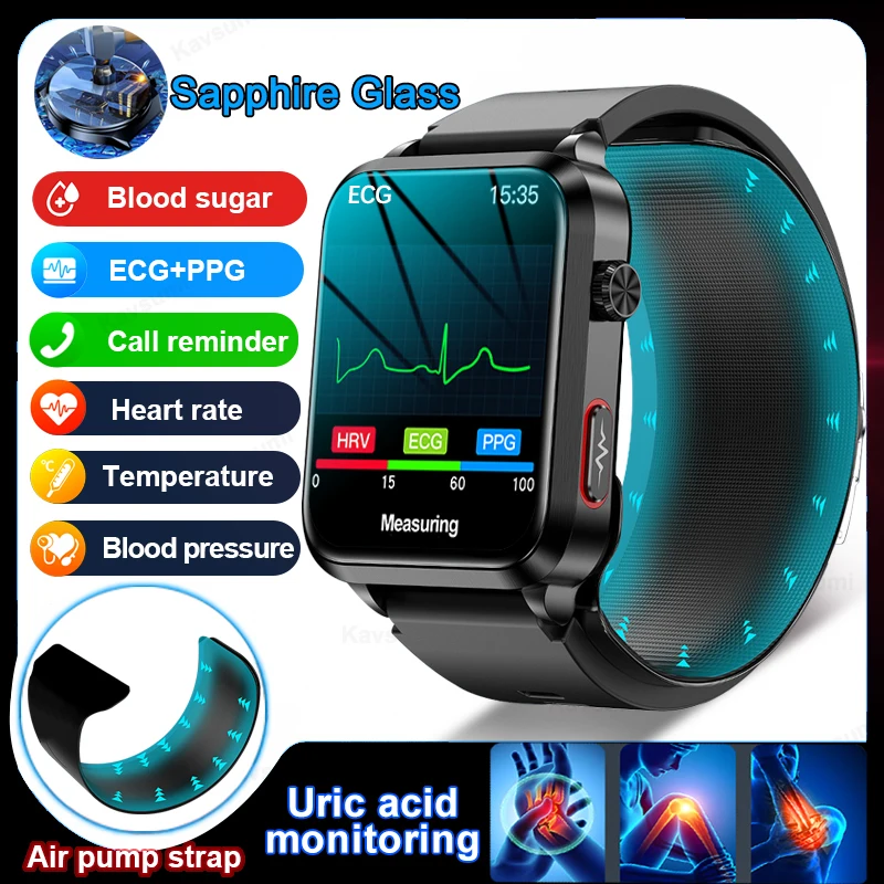 2024 New Accurate ECG+PPG Blood Pressure Measurement Health Smart Watch Air Pump Airbag Men Women Blood Glucose Lipid Smartwatch