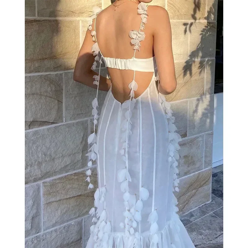 Cinghie di spaghetti Abiti da sera formali bianchi 2024 Sexy Sweetheart Appliques Backless Prom Abiti da festa Abiti da sposa