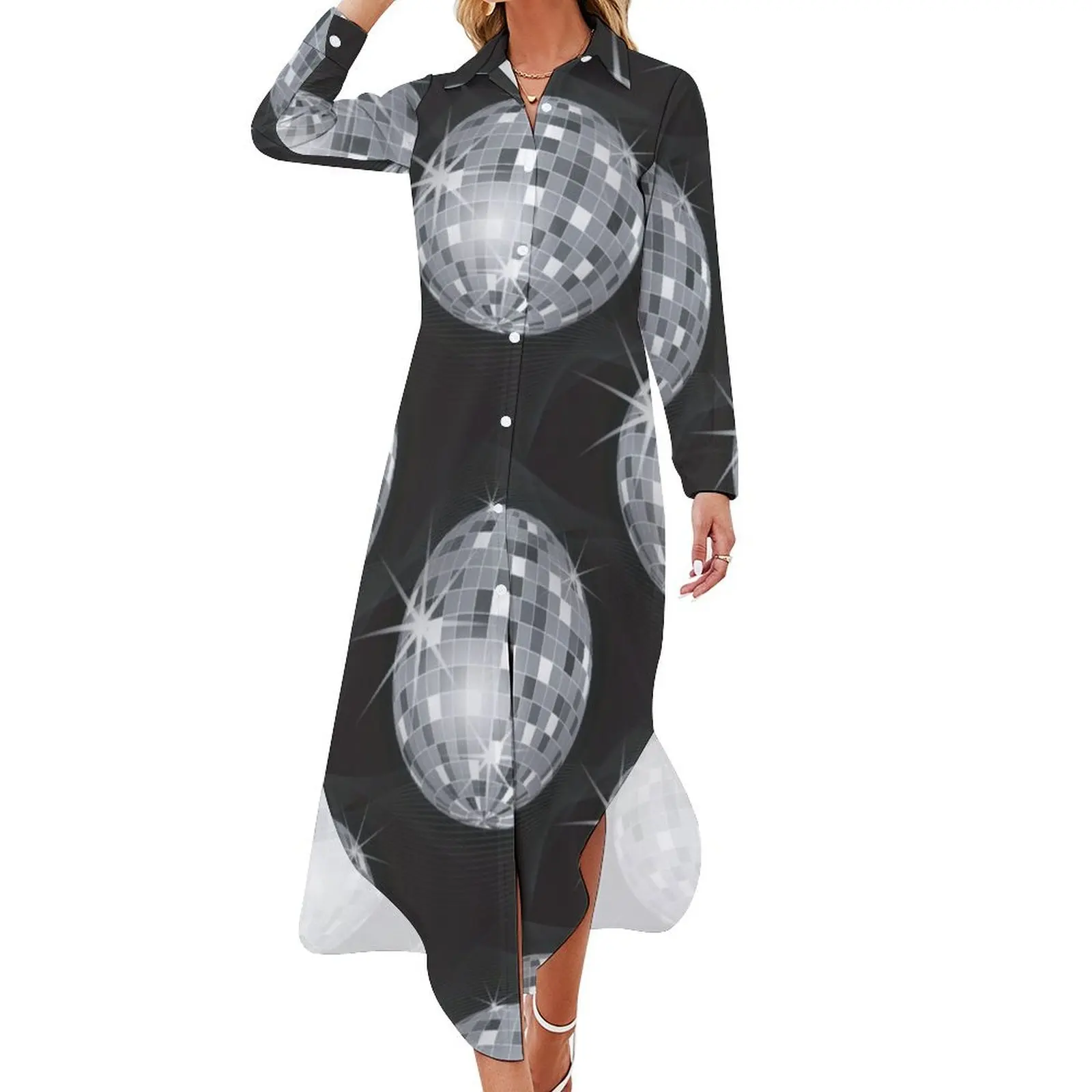 

vintage 1970s style silver disco ball Long Sleeved Shirt Dress wedding guest dress 2024 summer dress woman 2024 trendy
