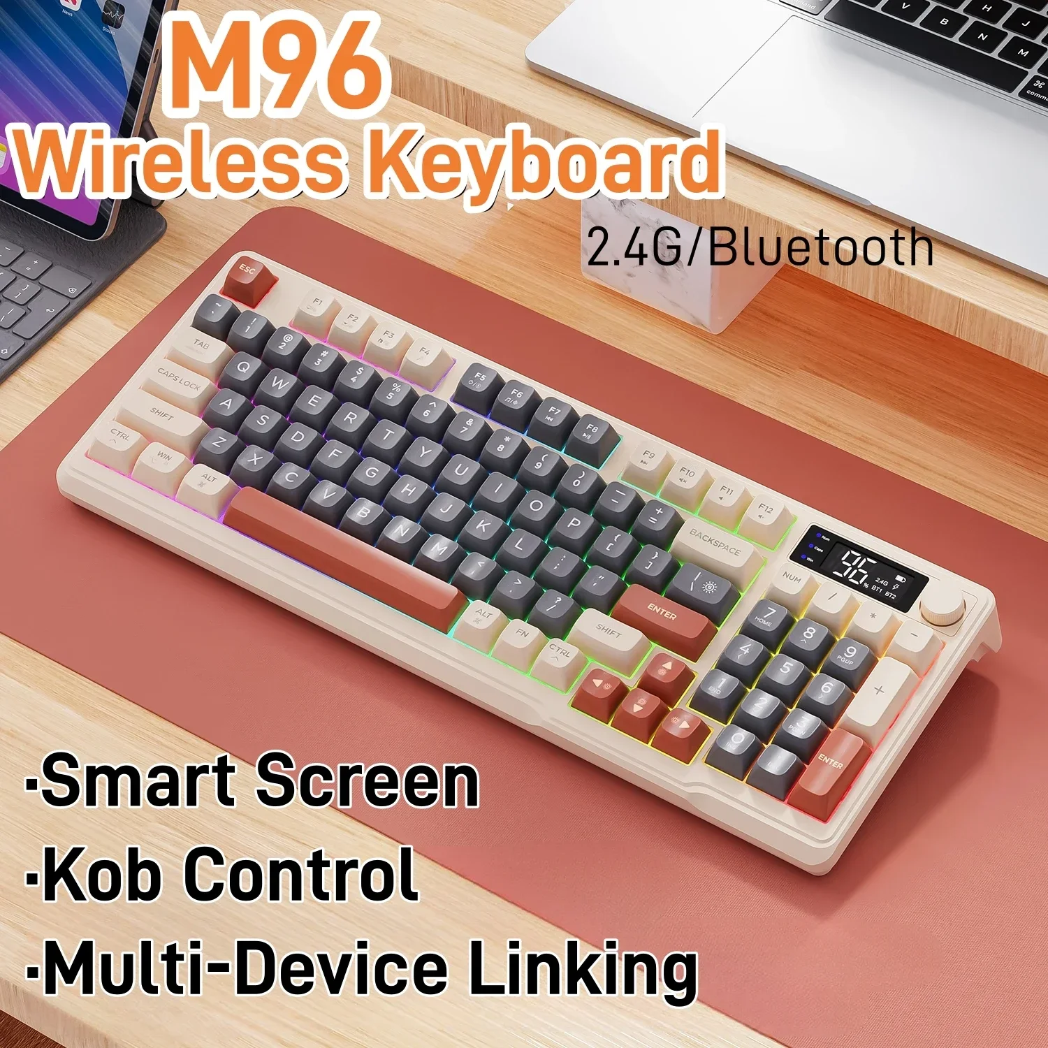 FreeWolf M96 Wireless Keyboard with Screen,Multi-Device Linking,Gaming Keyboard Bluetooth Dual-Mode Connection,Ergonomic