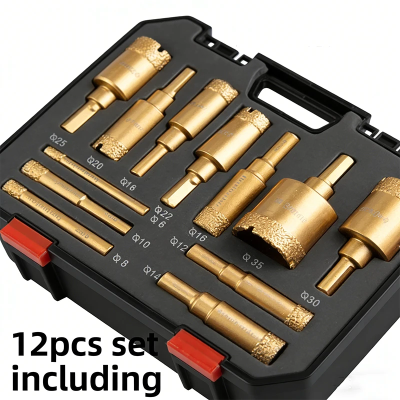 12Pcs Vacuum Brazed Diamond Hole Saw Kit, Tile Stone Drill Bits for Ceramic Granite Marble, 6-35mm Dry/Wet Drilling Accessories