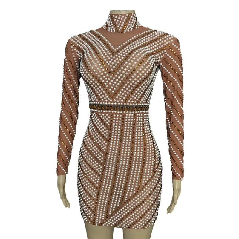 

2025 Costumes Nightclubs Bars Female Singers Full Of Diamonds Glass Diamonds Long Sleeves Slim Hips Short Skirts Models Catwalks