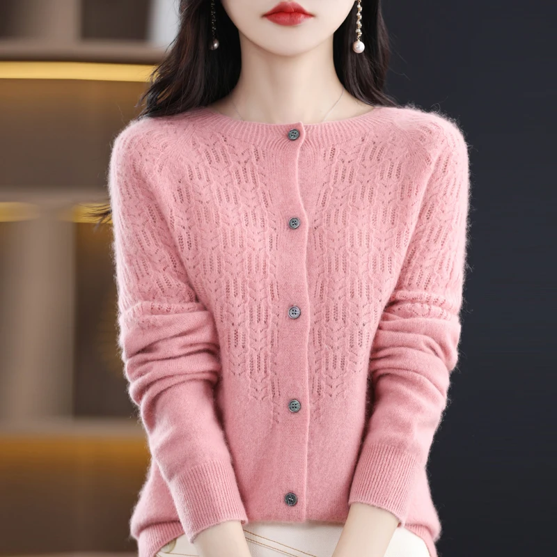 New High Quality 100% Pure Merino Wool Women’s Cardigan Hollow Cashmere Sweater Female Clothing Grace Top Bottoming Shirt