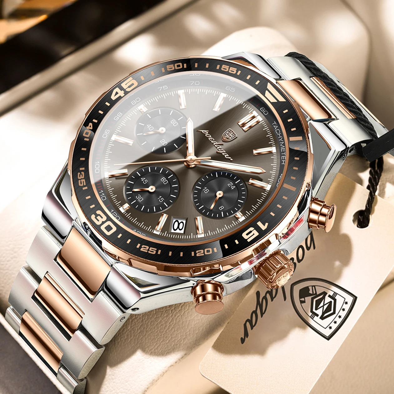 POEDAGAR Neue modische Herrenuhr aus Edelstahl, wasserdicht, leuchtend, mit Datum, Chronograph, Business-Quarzuhr für Herren