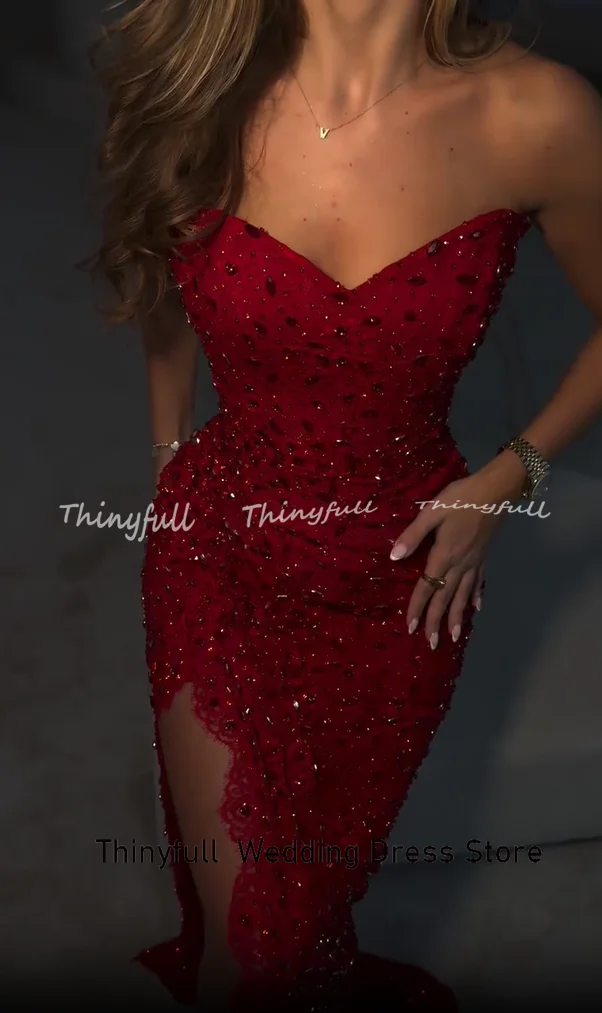 Thinyfull 인어 아랍 레드 댄스 파티 드레스 연인 민소매 크리스탈 이브닝 가운 공식 드레스 로브 드 소아레 맞춤형