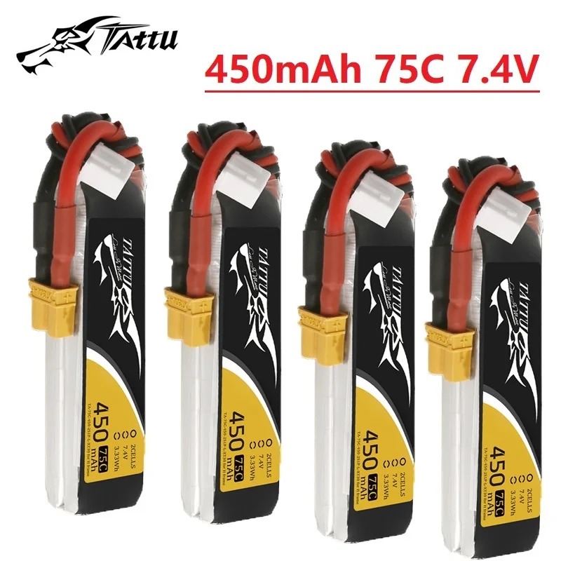 4pcs TATTU 450mAh 75C 7.4V Lipo Battery For RC Helicopter Quadcopter FPV Racing Drone Parts With XT30 2S Rechargeable Battery