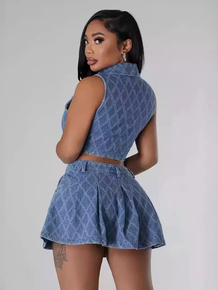 Short Skirt and Blouses Sets for Women Summer New in 2 Piece Denim Sets Womens Outfits Nightclub Royal Blue Denim Sexy Outfits