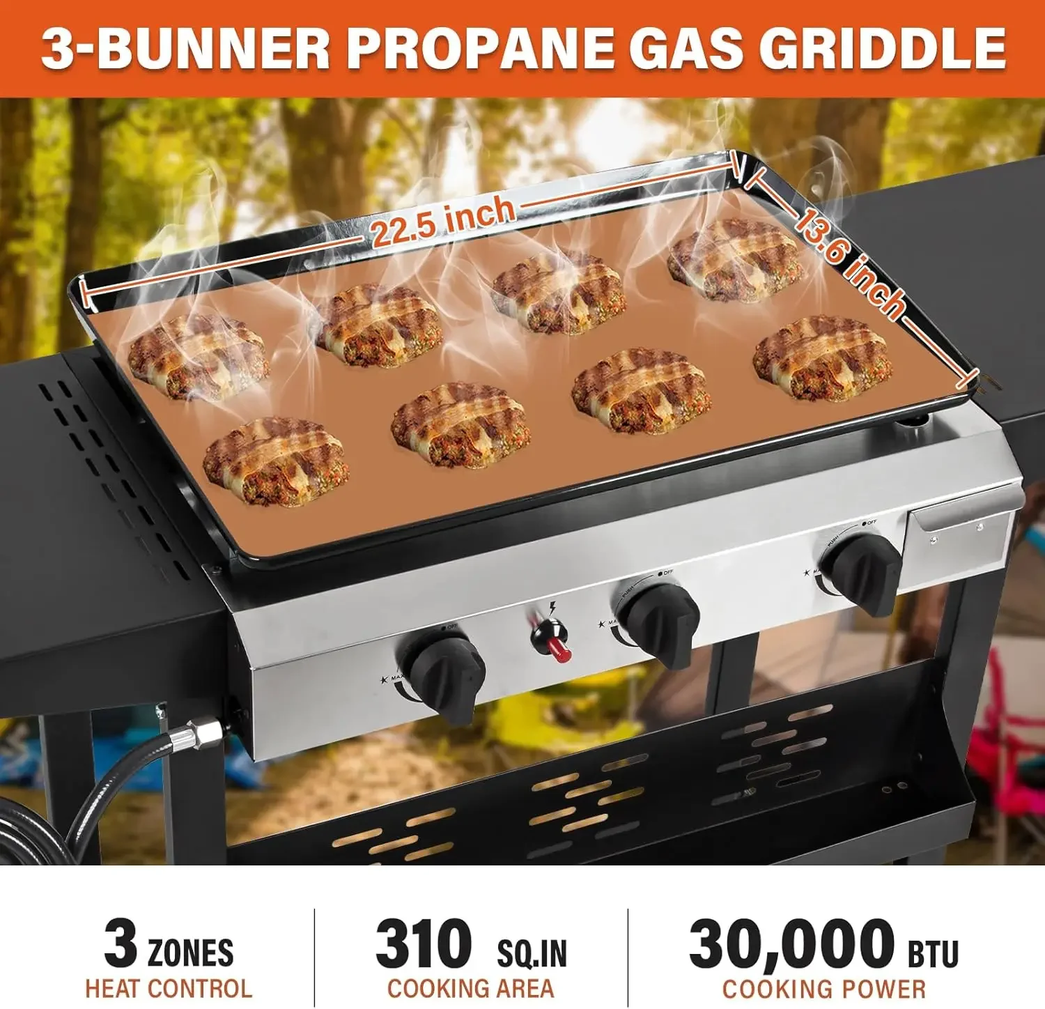 3 Burner Flat Top Gas Griddle with Ceramic Coated Iron Pan, 30,000 BTU Outdoor Propane BBQ Griddle, Stainless Steel Bar