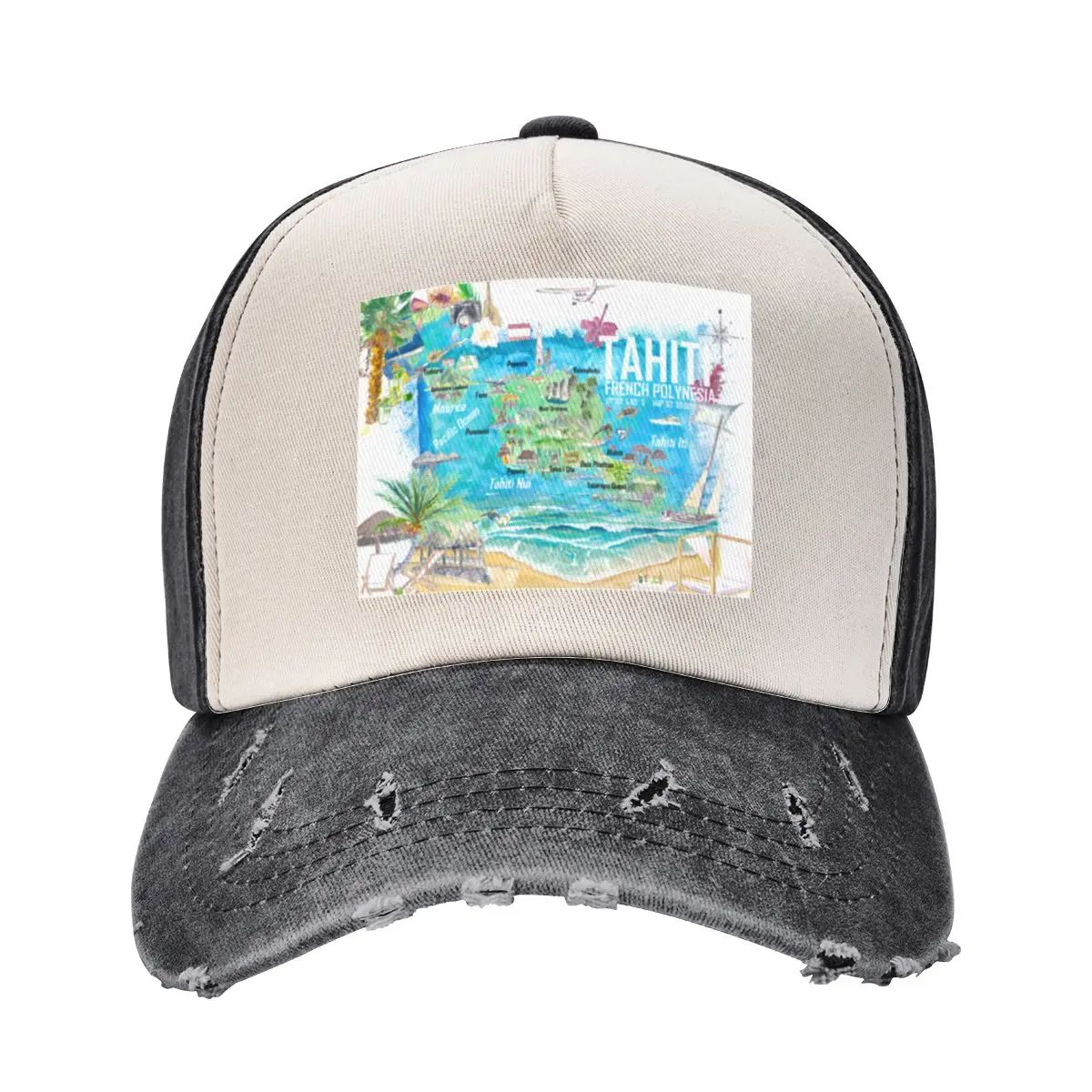 Tahiti Illustrated Travel Map with Roads and Highlights Baseball Cap Sunscreen Bobble Hat Hats For Women Men's