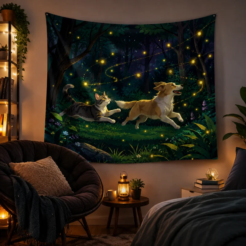 VIKAMA Rustic, Whimsical Puppy and Kitten Tapestry—Aesthetic Wall Hanging for the Living Room and Bedroom, Home Decor