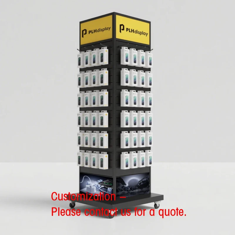 custom.Customized 4-sided Rotating Metal Pegboard with Hooks Mobile Phone Accessories Display Stand.