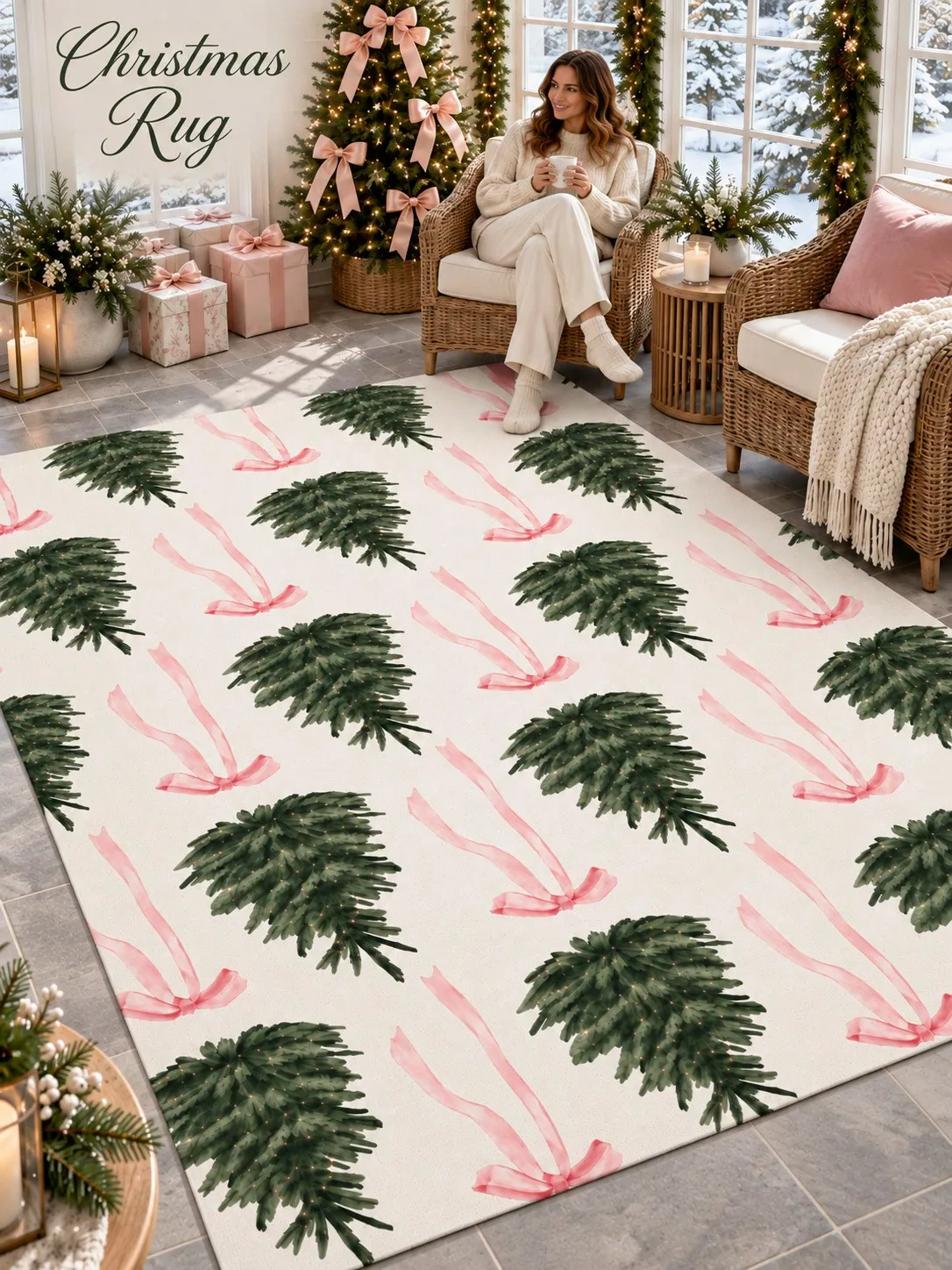 Christmas Rug Pine Trees Ribbon Pink Bows Floor Decor Carpet Living Room Bedroom Dining Area Entryway Apartment Cabin Winter Home Accent Beside Sofa Coffee Table Housewarming Birthday Gift for Family Friends Neighbors Homeowners Holiday Family Gather