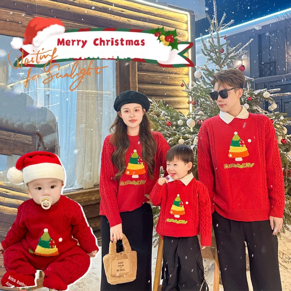 

Christmas Tree Jumpers for The Whole Family Red Sweater New Year Dad Mom and Son Daughter Matching Clothes Baby Knitted Romper