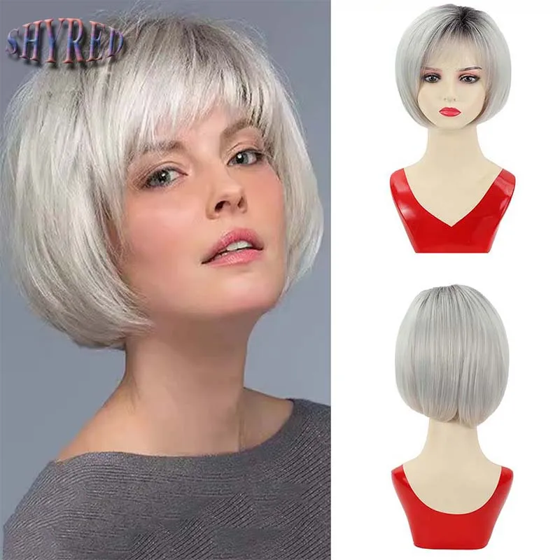 

Synthetic Wig Straight Short Bob Wig Gradient Gray White Fake Hair For Women's Daily Wear Costume Party Fluffy Wigs