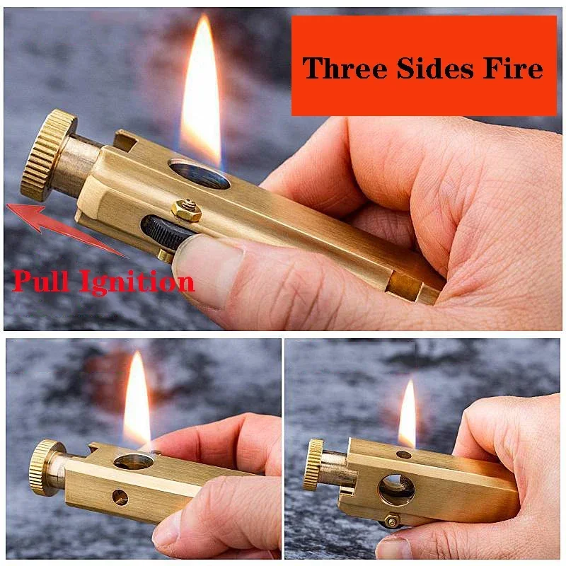 Handmade Heavy Duty Brass Kerosene Lighter, Manual Gutter, Three-sided Fire Armor, Vintage Collection Antique Smoke Pipe Machine