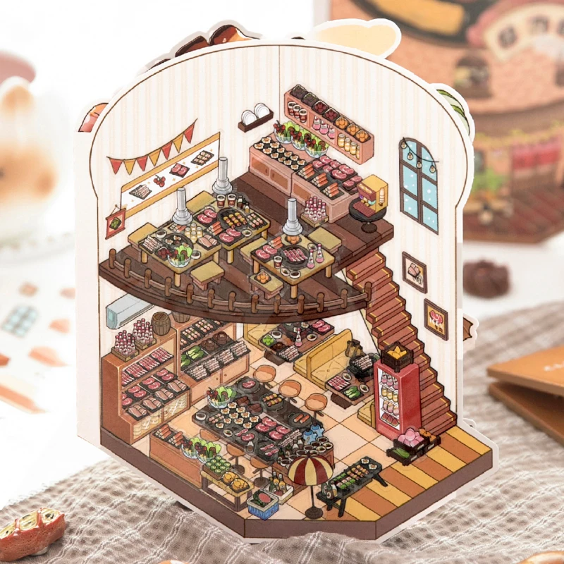 Kawaii 3D Tägliche Küchen-Miniaturszene Aufkleber Lustiger Dessertladen Grillhaus Miniatur-Shop Handgemachte Scrapbook-Sticker