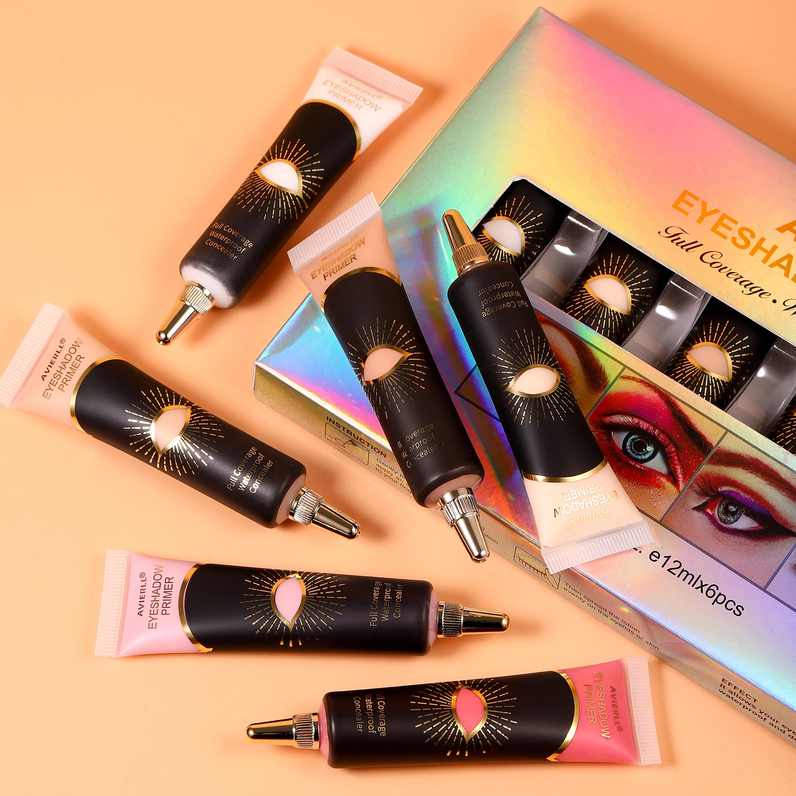 오래 지속되는 아이섀도우 프라이머 세트, 풀 커버리지 및 방수 컨실러 크림, 완벽한 메이크업 응용, 6 가지 색상