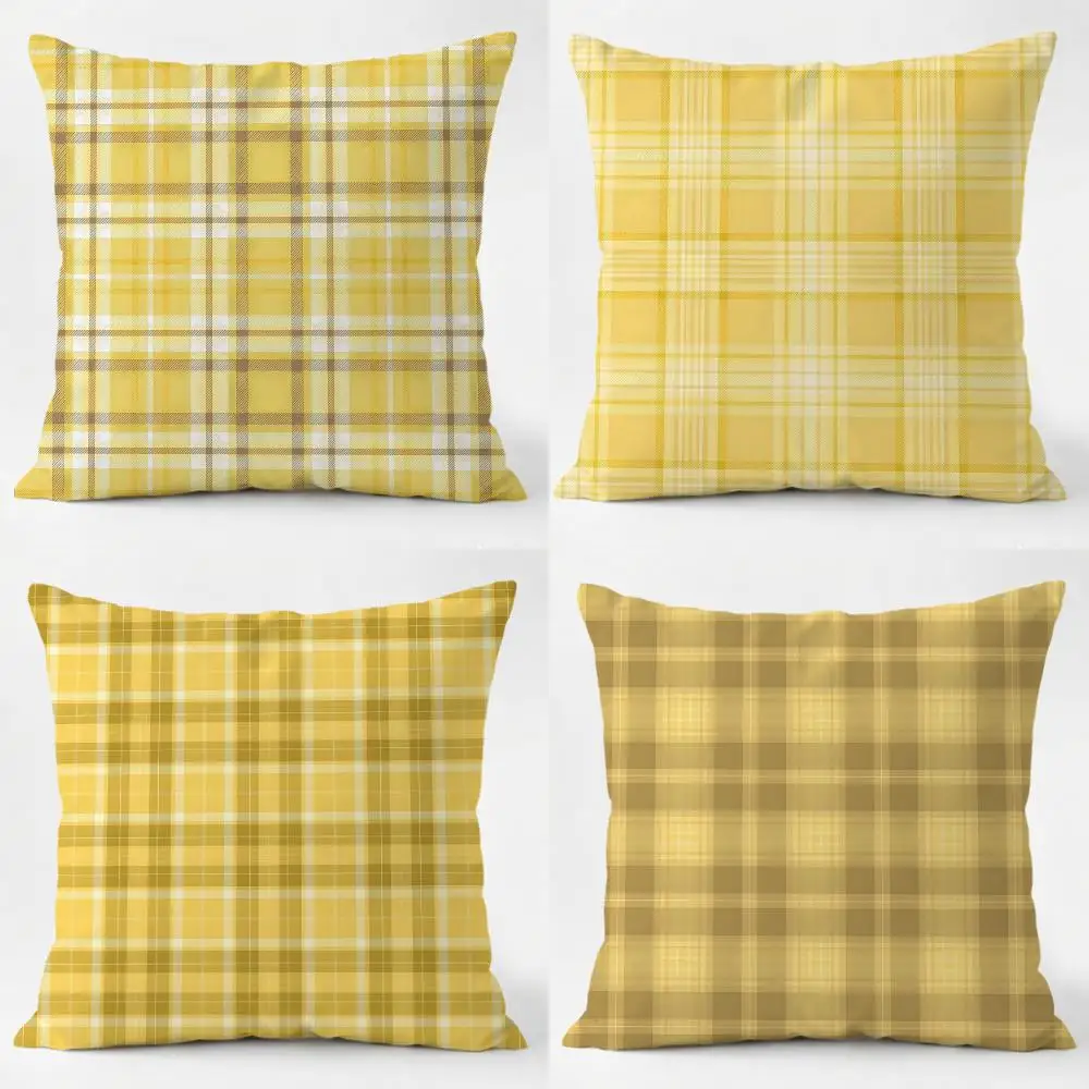 Sunny Classic Art Y-Yellow Plaid Tartan Cushion Cover Sofa Home Living Room Car Decor Washable Decorative Square Pillowcase