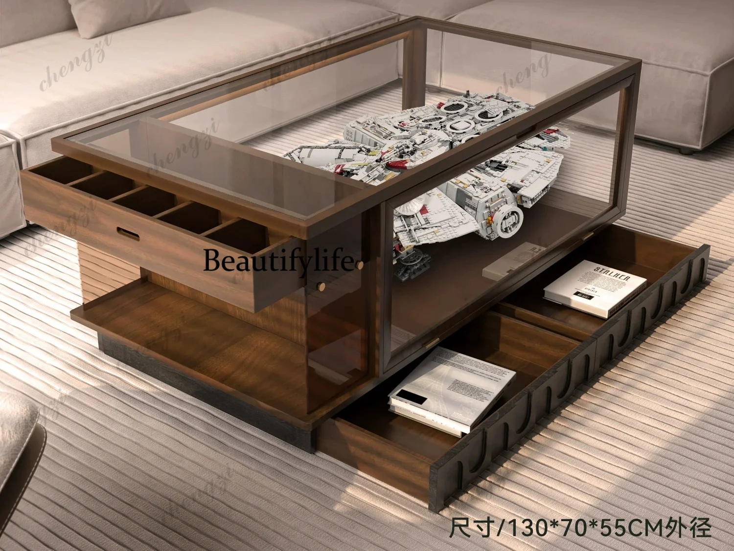 Universal transparent display box, light and dust-proof storage box, large-capacity solid wood coffee table