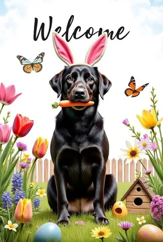Welcome Spring Easter Garden Flag Double Sided Black Lab Dog Bunny, 12x18 Inch XXQ