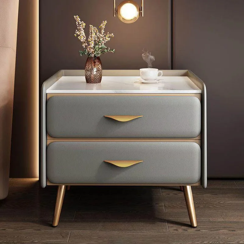 

Two-drawer bedside table, grey luxury wooden bedside table, stone desktop.