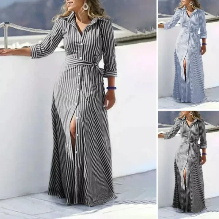 Abito da donna temperamento collo POLO abito Cardigan manica a sette punte bohémien a righe in cotone abaya abito da pendolarismo donna