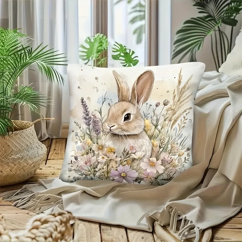 VIKAMA Kissenbezüge mit Aquarell-Wildblumen und Hasen, gemütliche Kissenbezüge im Landhausstil, sanfte Wohnzimmerdekoration, Kissenbezüge, Heimdekoration