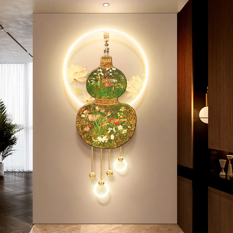 Retro Gourd Living Room TV Grille LED Light Pendant With Light French Chinese Style Koi Porch Background Wall