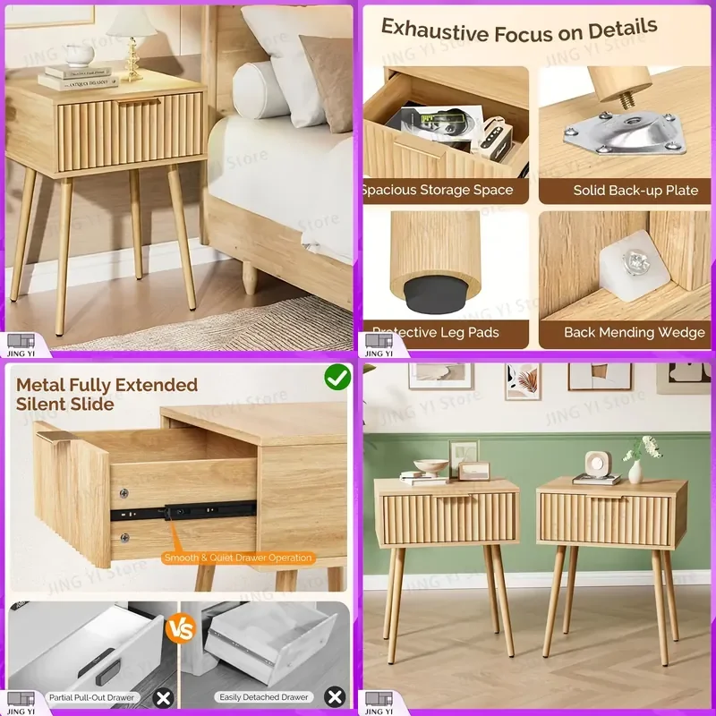 1 Drawer Bedroom Nightstand Tall Legs Slatted Particleboard MDF Bedside Table Melamine Vacuum Formed Finish Modern Minimalist