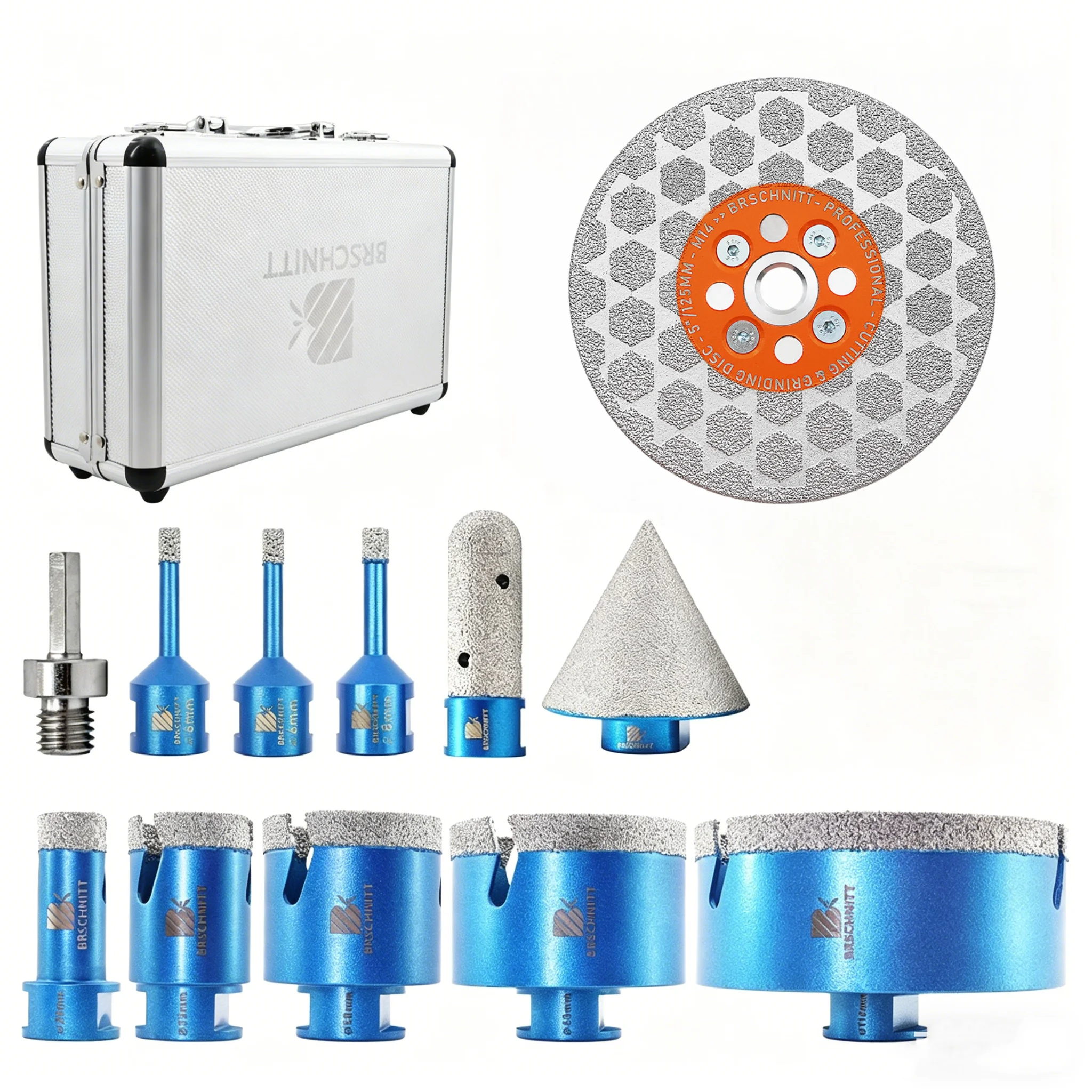 BRSCHNITT Diamantbohrer-Set 12-teilig, Schneidscheiben, Fräseradapter, Fliesen-, Granit-, Marmor-, Stein-Lochsäge, Abschrägungsbohrer, Fräser